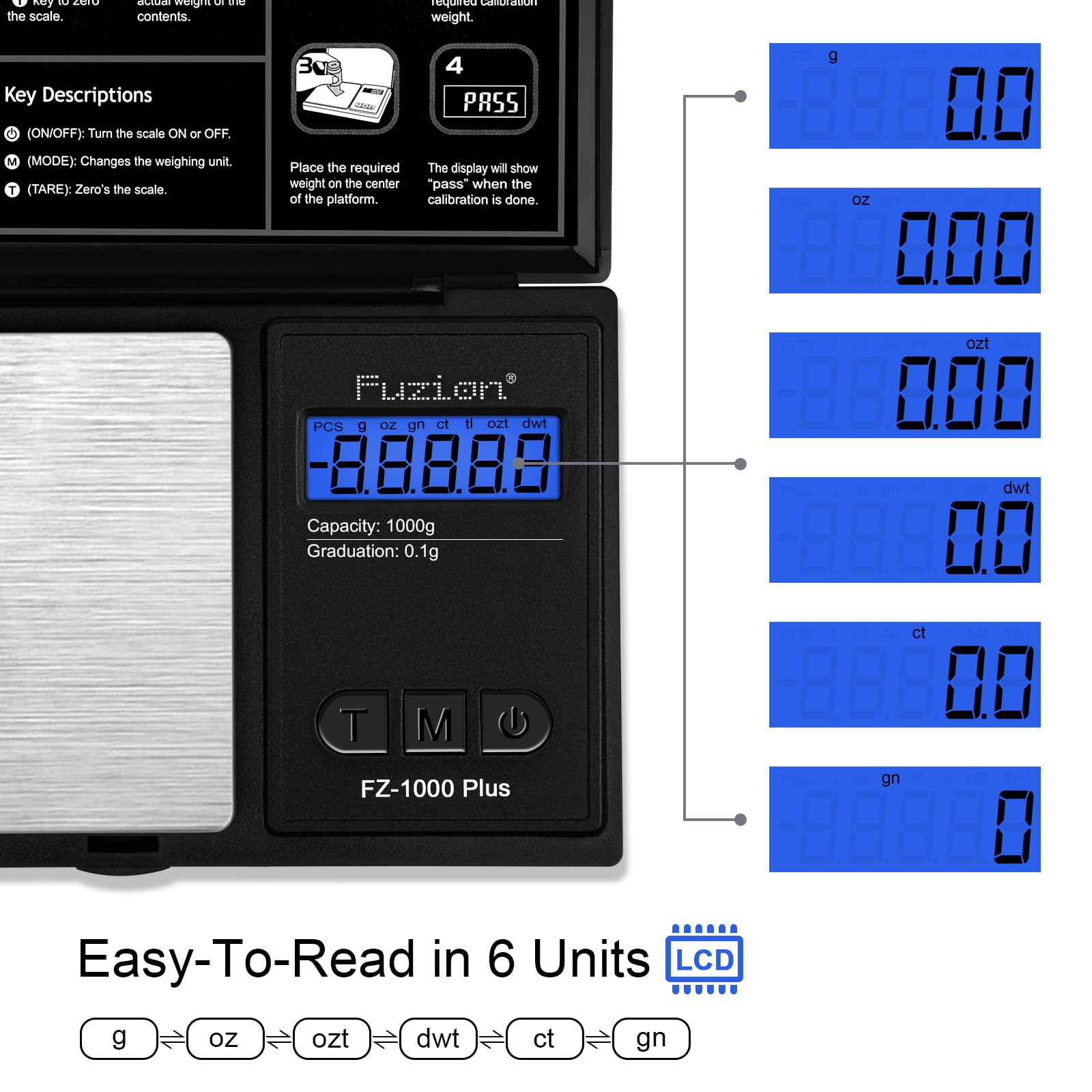 Fuzion pocket scale with backlit display for easy readings in low light.