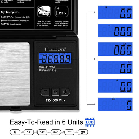 Fuzion pocket scale with backlit display for easy readings in low light.