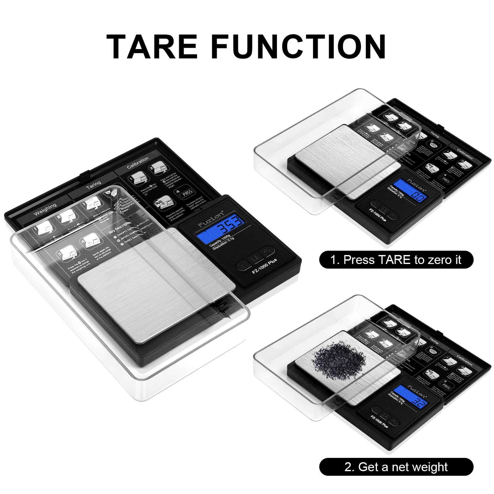 Fuzion scale weighing jewelry with precise measurements.