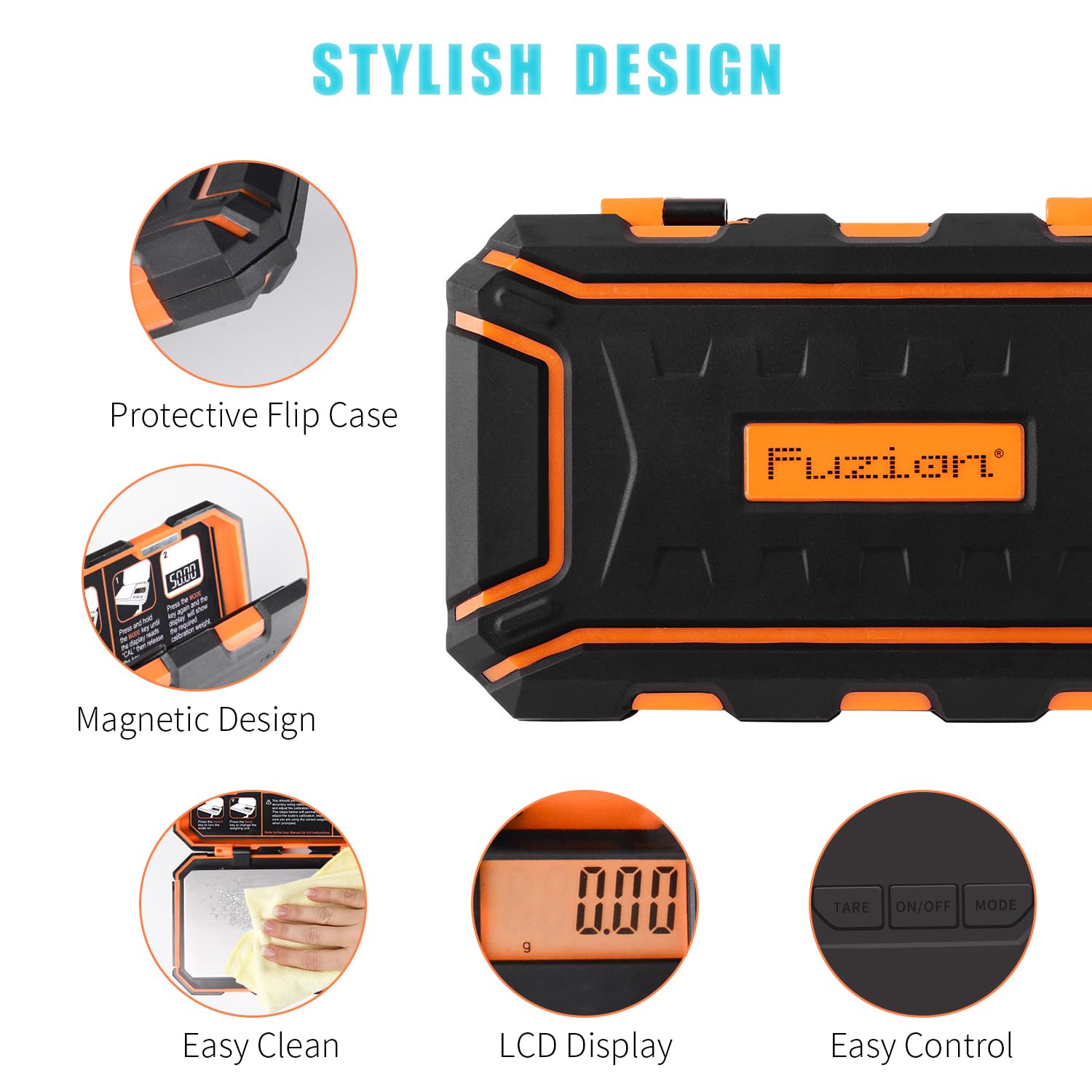 Fuzion scale shows six units for versatile weighing in grams and more.