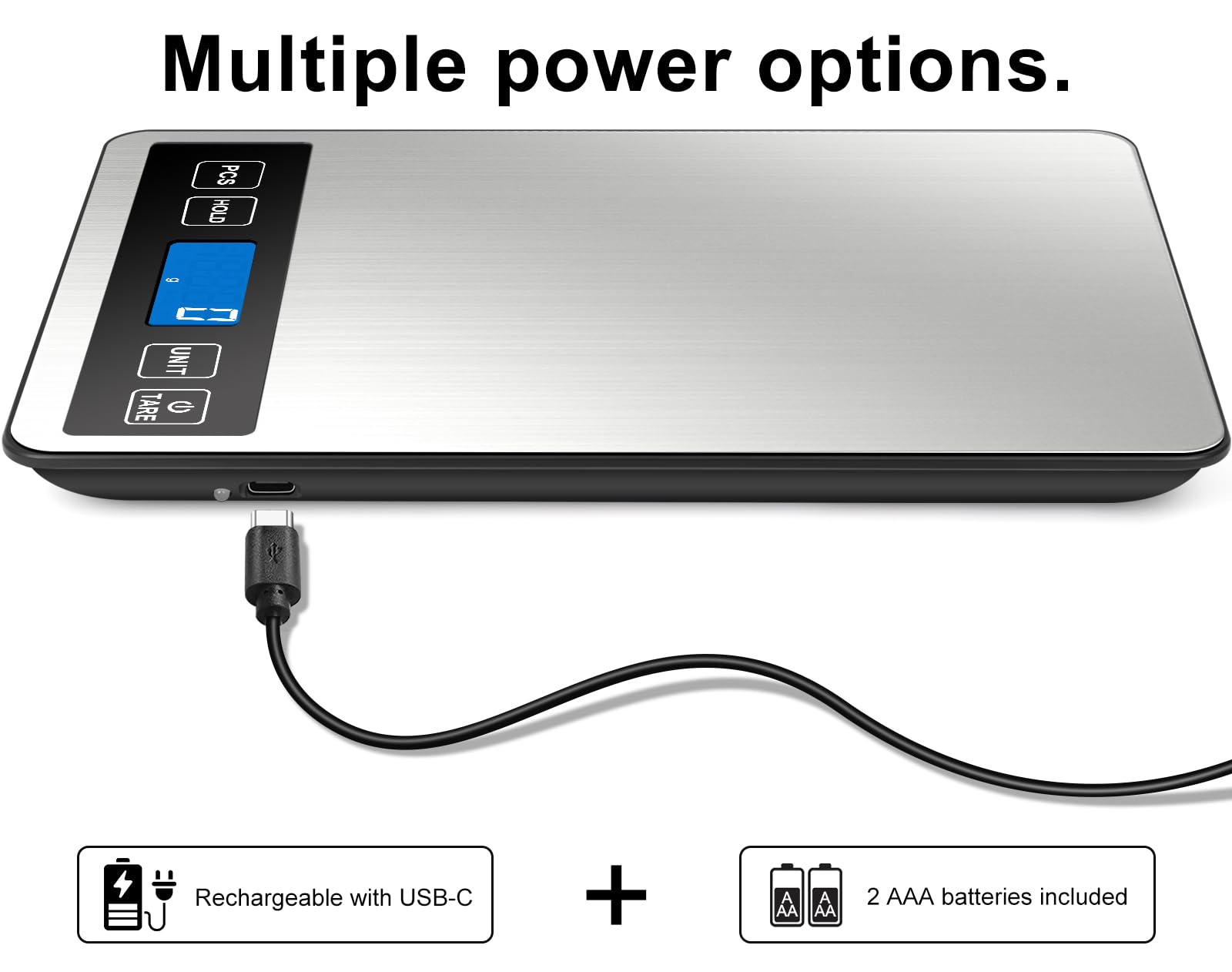 Fuzion Food Scale USB-C charging offers flexible power options