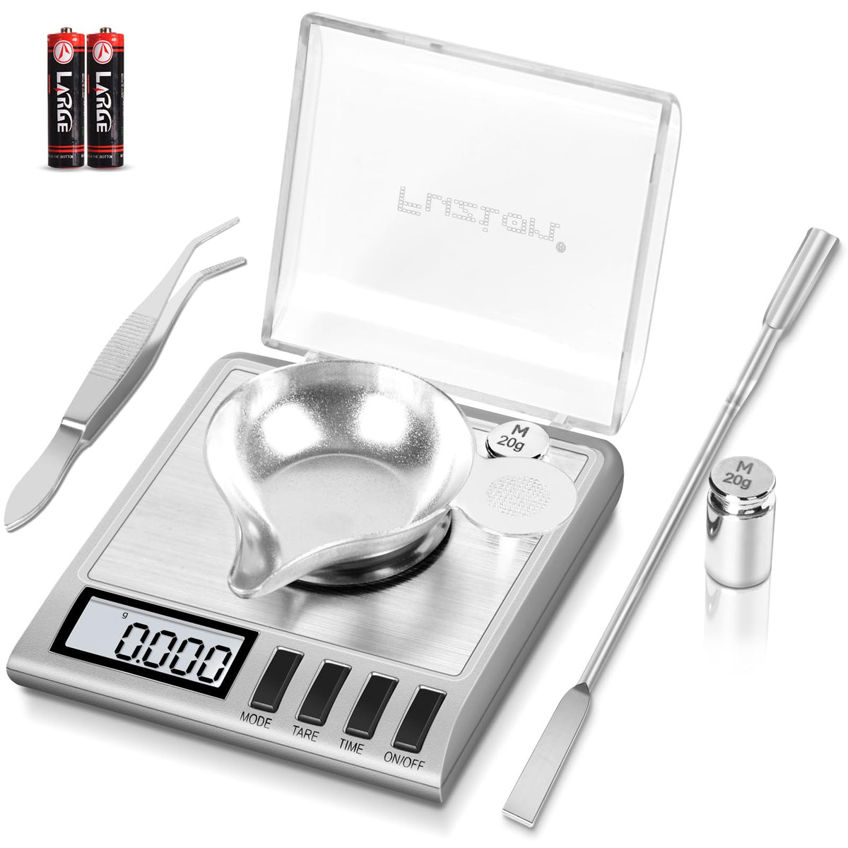 Fuzion milligram scale display shows precise 0.001 g readings for powders