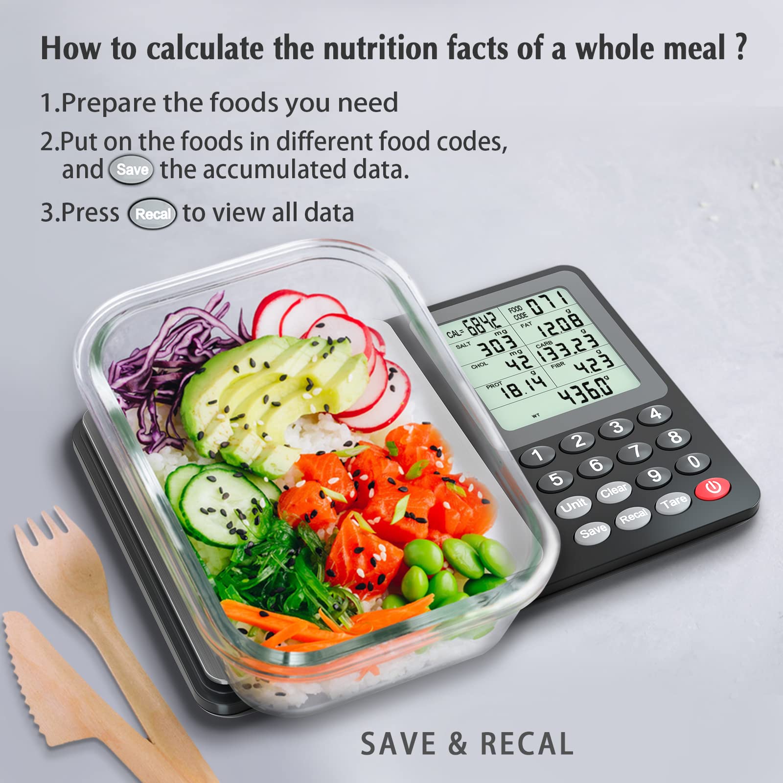 Fuzion NS1-3000 pre-programmed foods enable quick meal tracking.