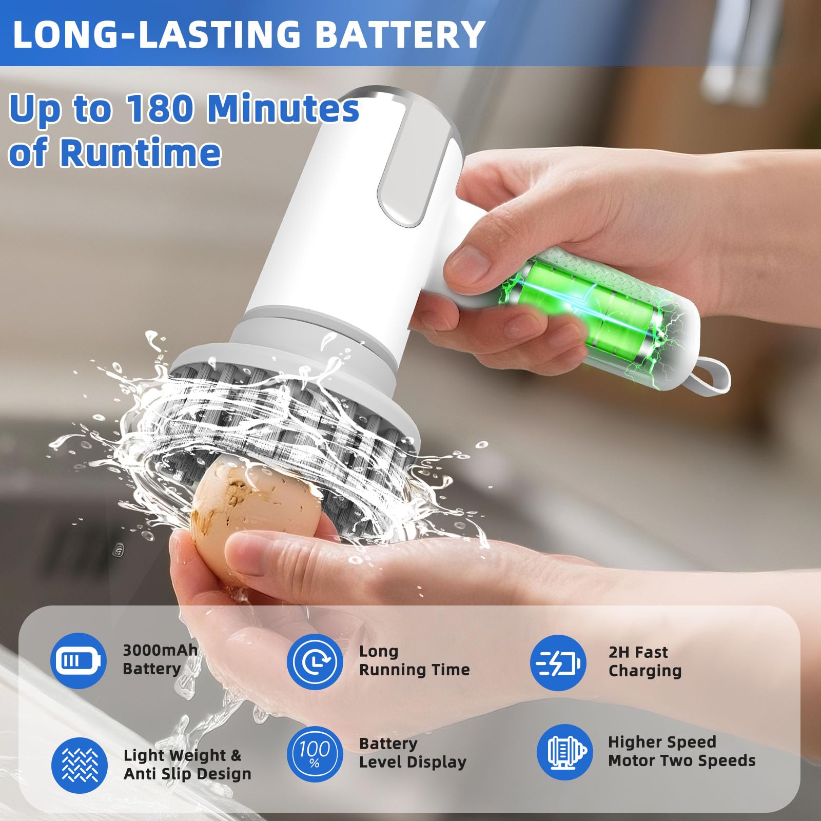 Fuzqq egg cleaner shows battery level display for easy planning