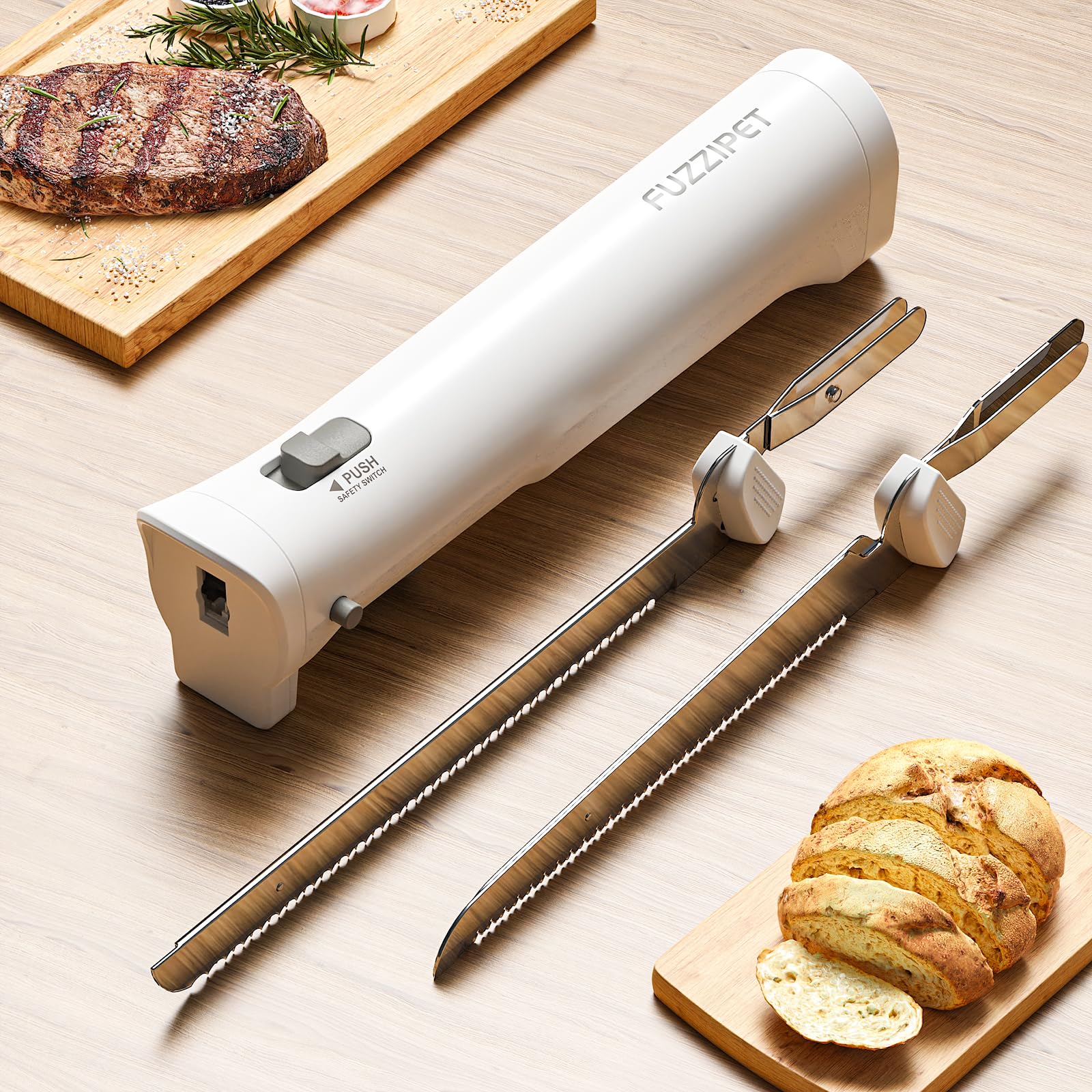 Fuzzipet cordless electric knife front view showcasing compact versatility for meats and bread