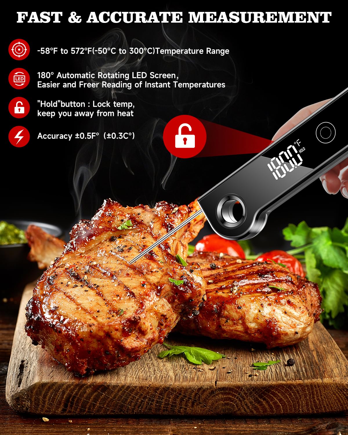 FVFV thermometer with 180-degree rotating display aids grilling