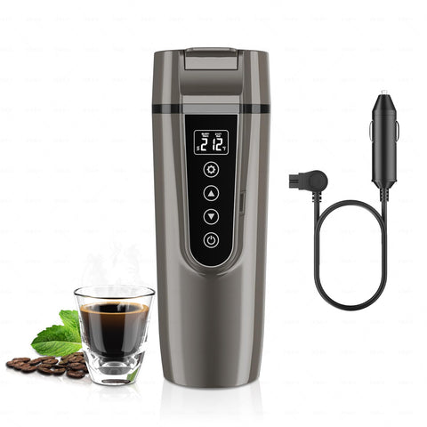 FVPE car kettle with LCD display showing precise temperature for on-the-go drinks.