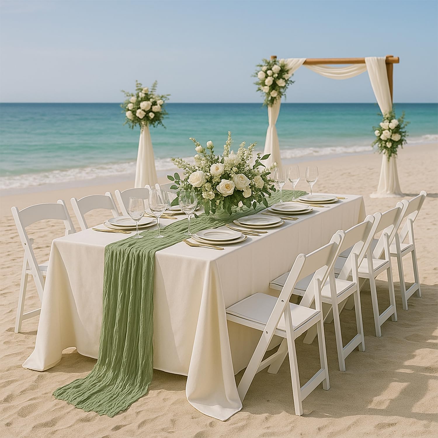 Fwxdbwyl dessert table dressed with sage green cheesecloth runner.