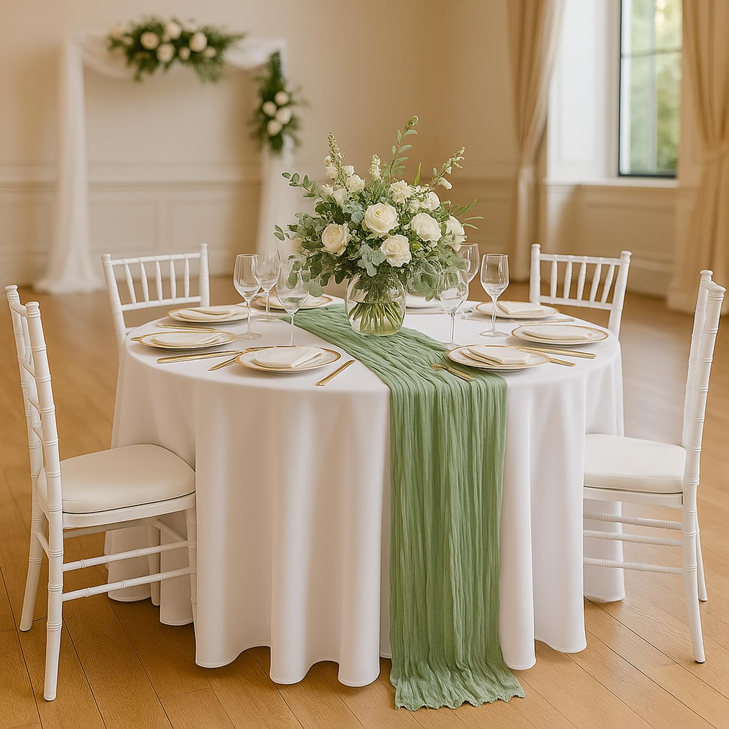 Fwxdbwyl sage green table runner creates festive dining ambience for gatherings.