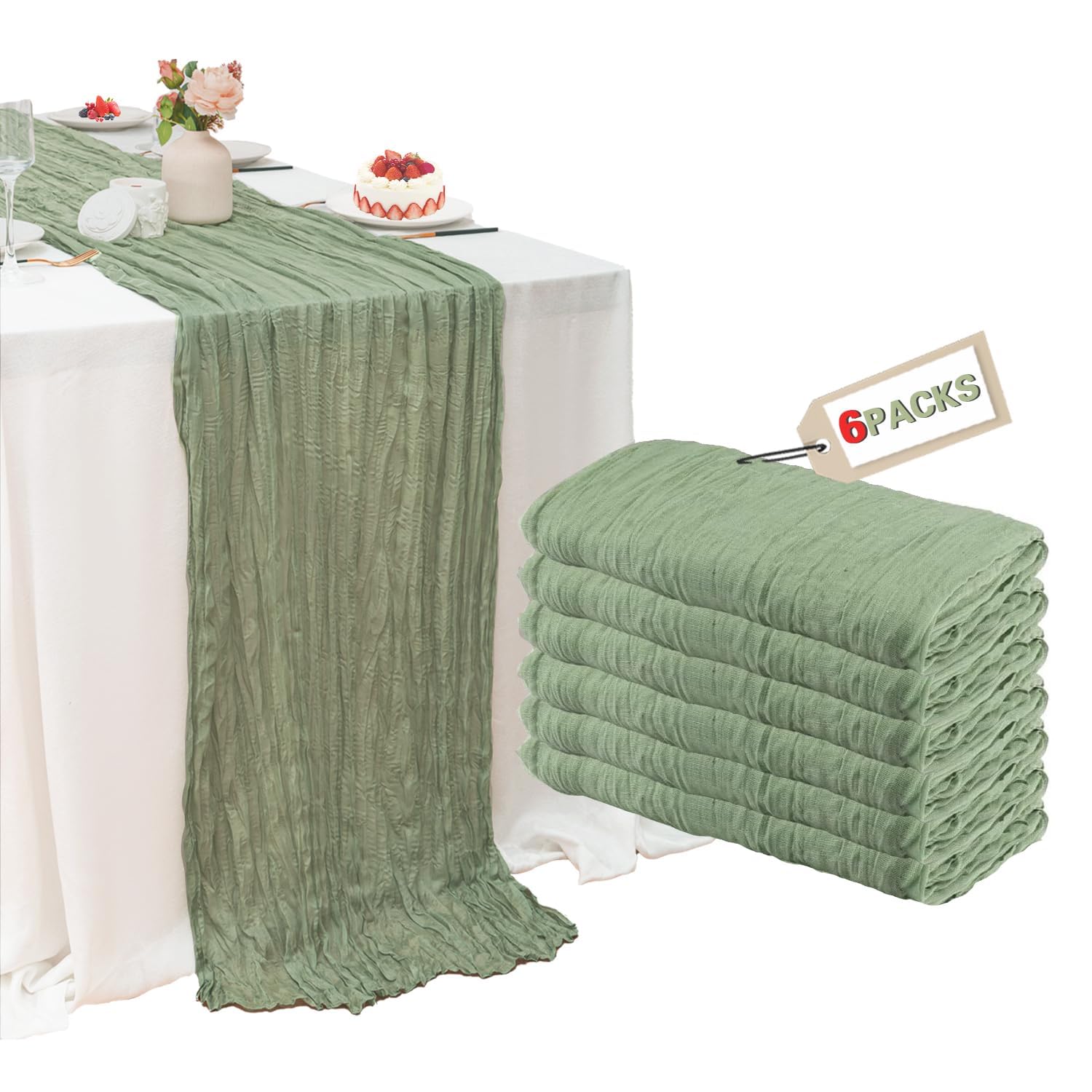 Fwxdbwyl sage green cheesecloth table runner, full 35x120-inch view for weddings.