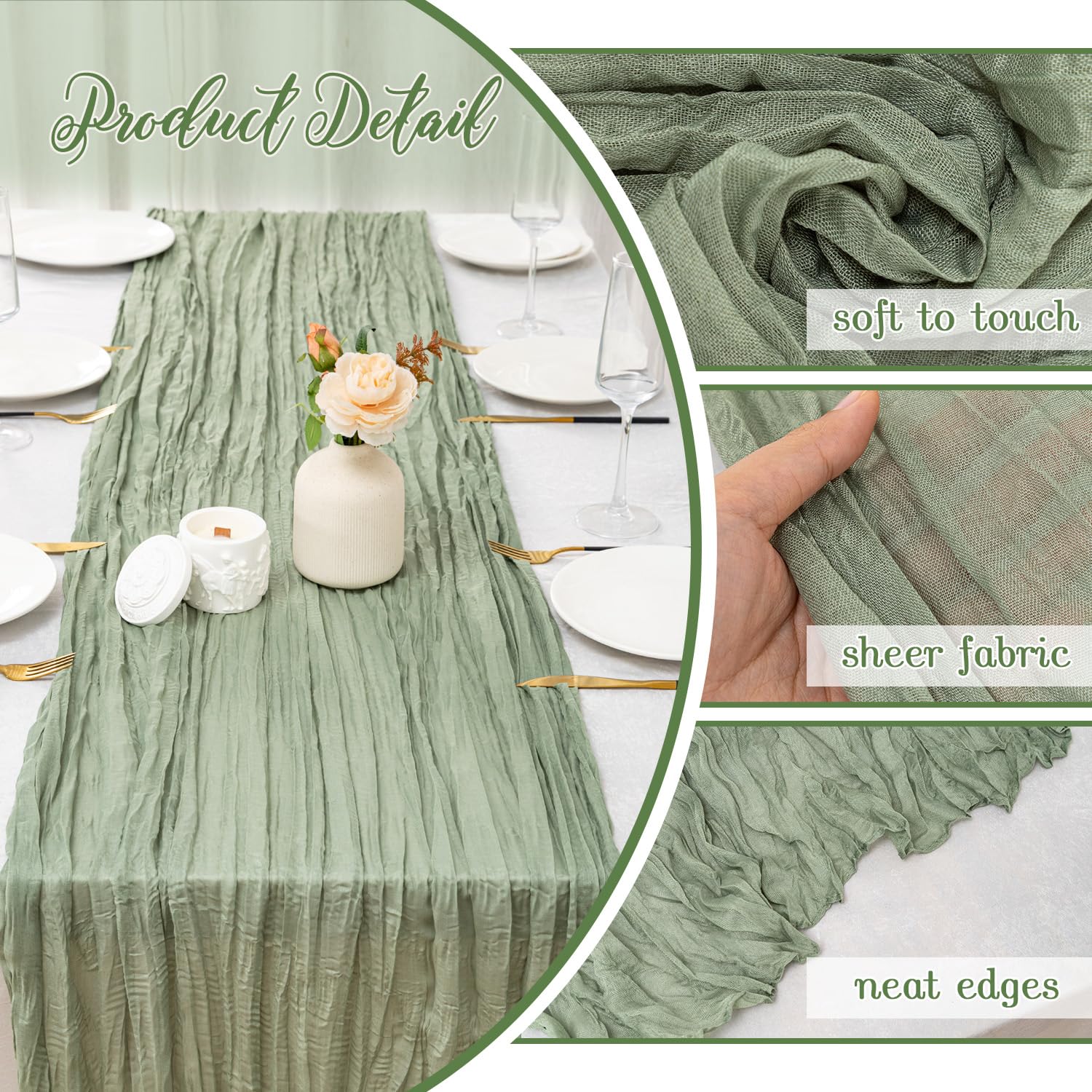 Fwxdbwyl sage green runner texture detail showing crinkled fabric.
