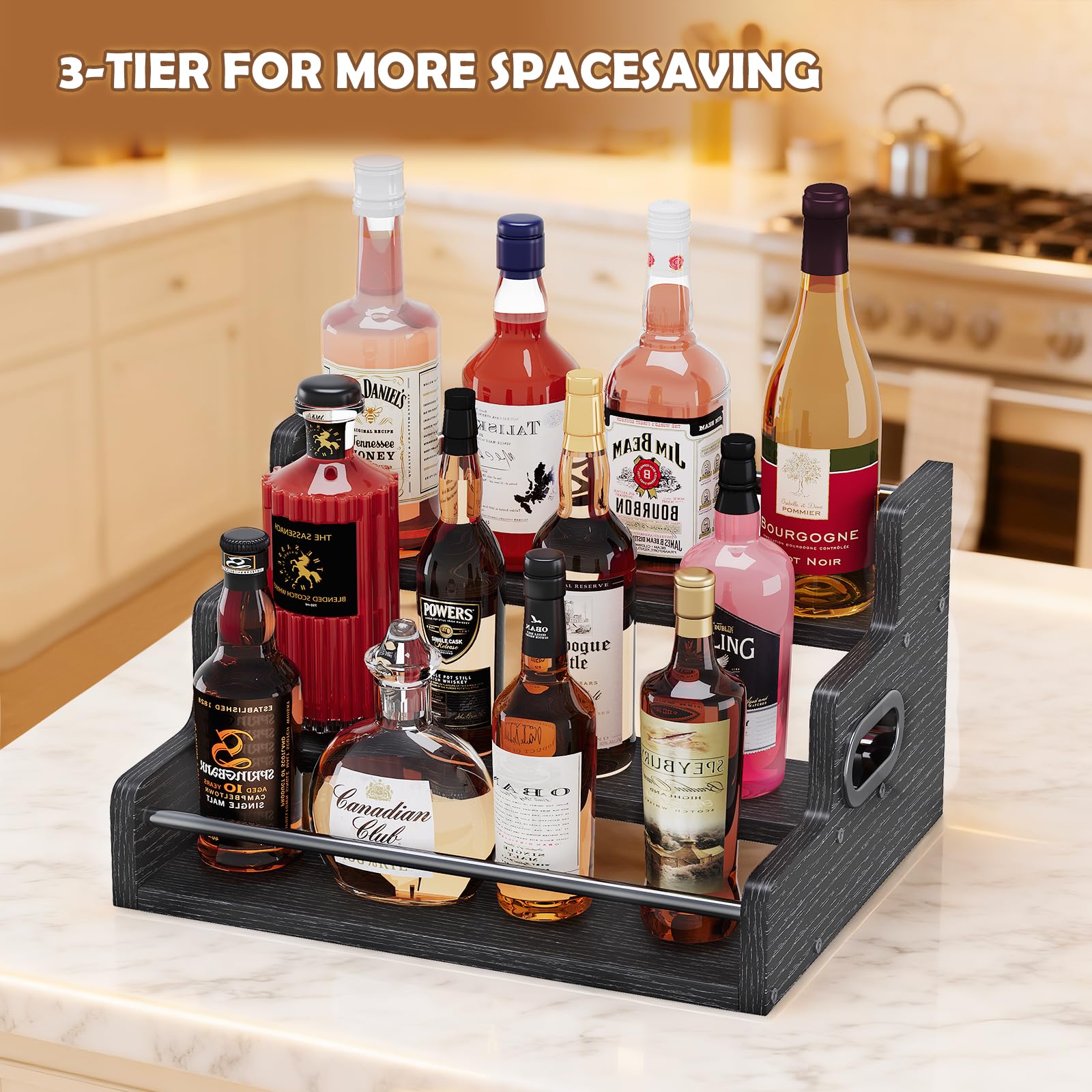 Fxacyem black engineered-wood shelf highlights 12-bottle capacity and stadium-style layout.