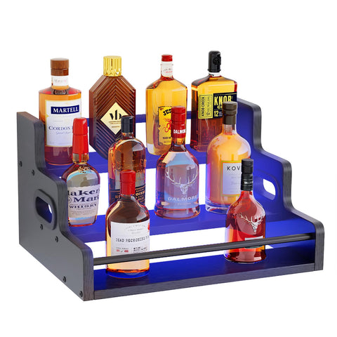 Fxacyem 3-tier display shelf front view with LED lighting for elegant home bar ambiance.