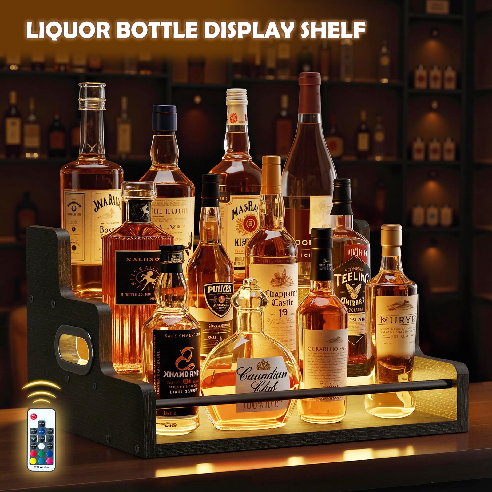 Fxacyem LED liquor shelf side view showing portable design and clean edge guard.