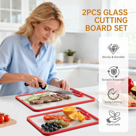 Fyctio 2Pcs red glass cutting boards 13x9 are compact for small prep tasks.