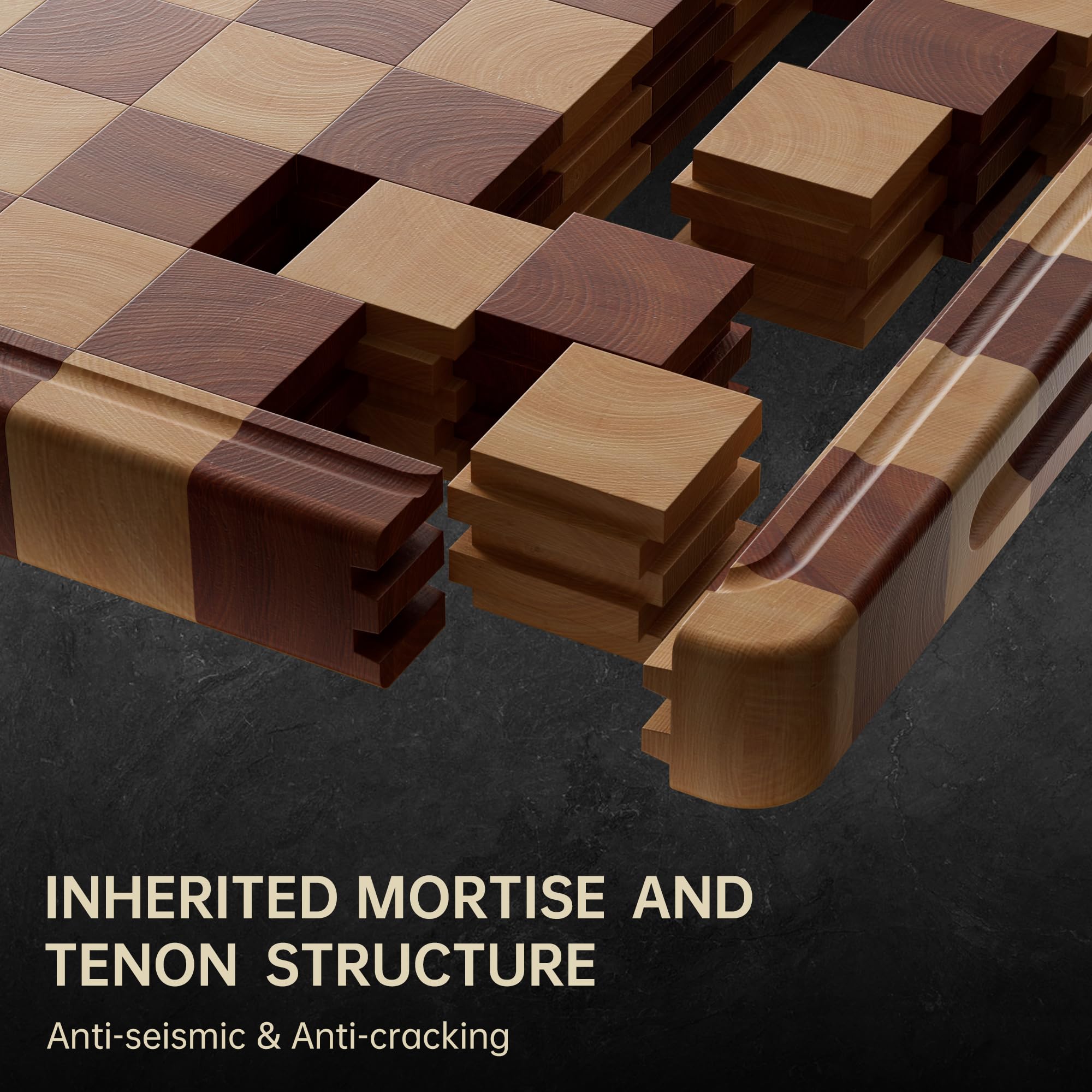 Fyctio acacia cutting board checkerboard surface close-up highlights grain