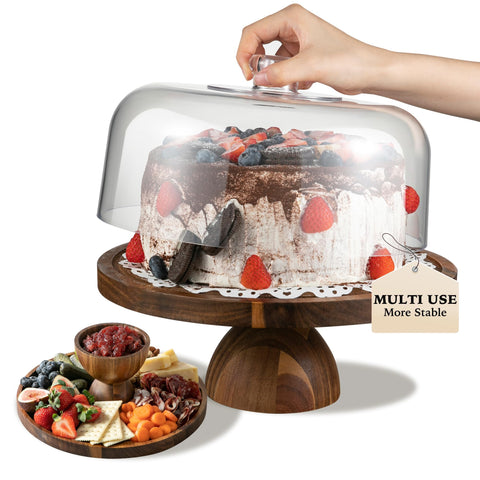 Fyctio acacia wood cake stand with lid showcasing elegant dessert display.