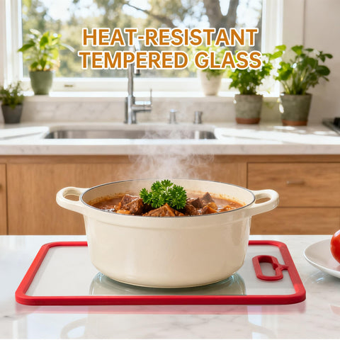 Fyctio tempered glass cutting board with non-slip silicone ring ensures stable prep.
