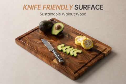 Fyctio board highlights deep juice groove for cleaner countertops during prep.