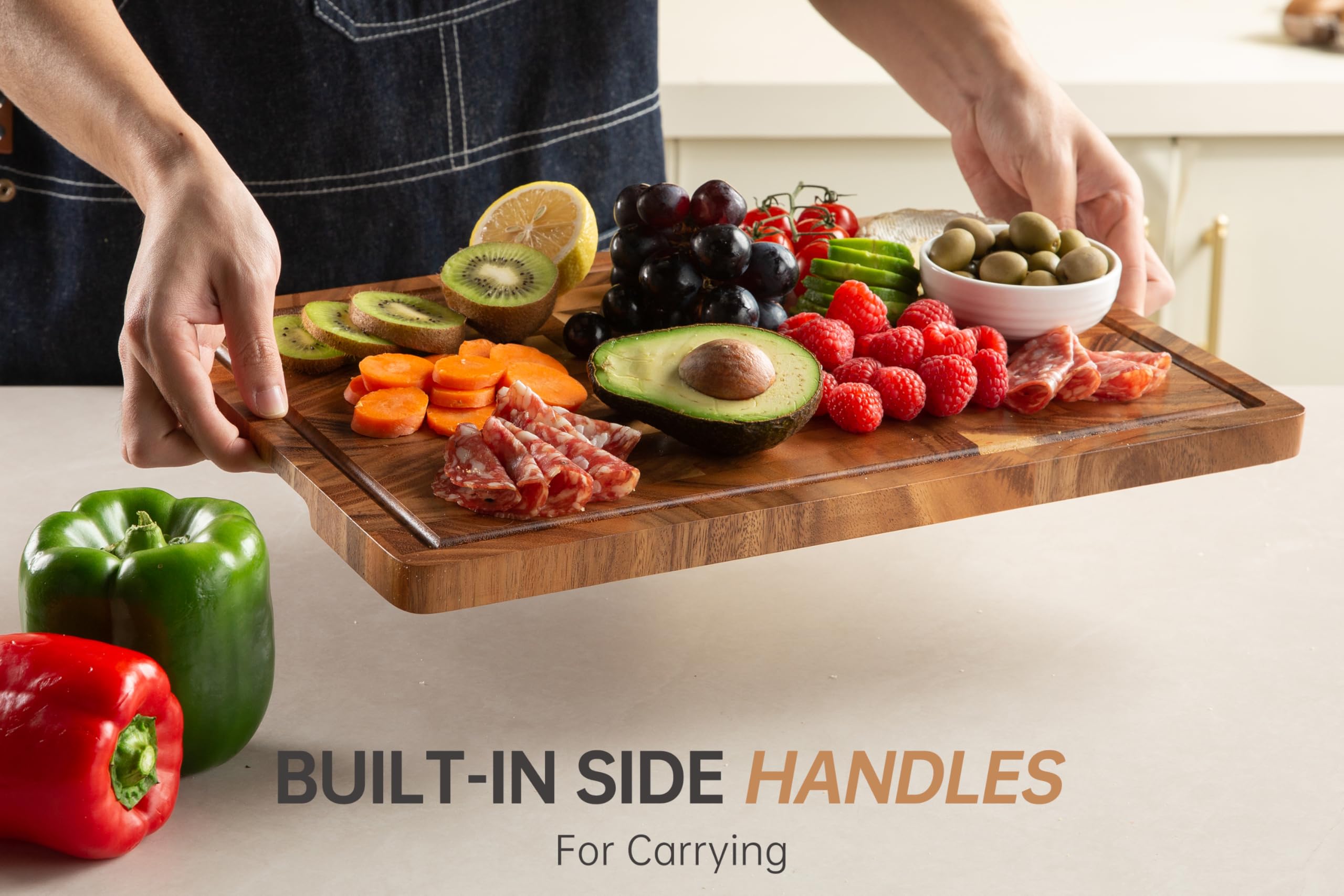 Fyctio end grain board used as an elegant serving platter for cheese and fruit.