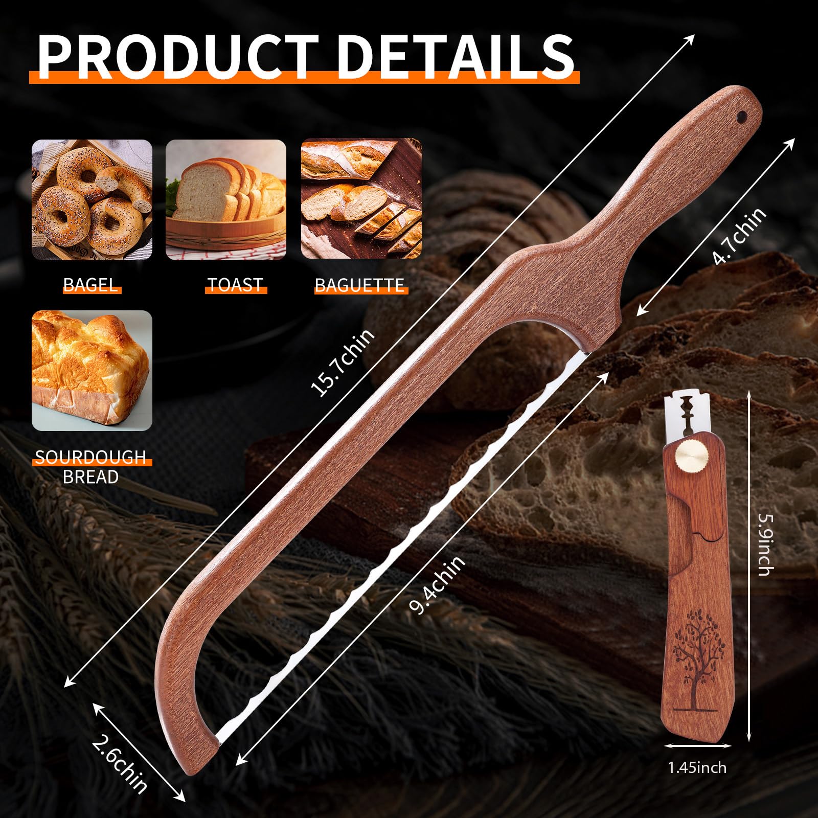 FYLFOTA sourdough bread knife blade close-up highlighting upgraded carbon steel for clean cuts.