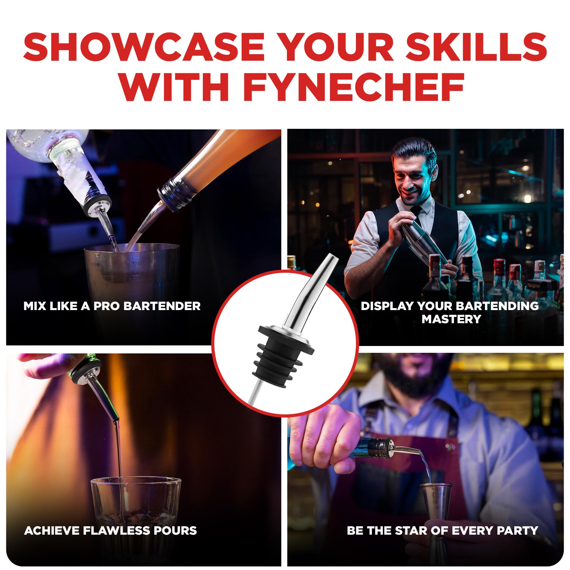 FYNECHEF fit-most bottles pour spouts suitable for diverse bottle openings.
