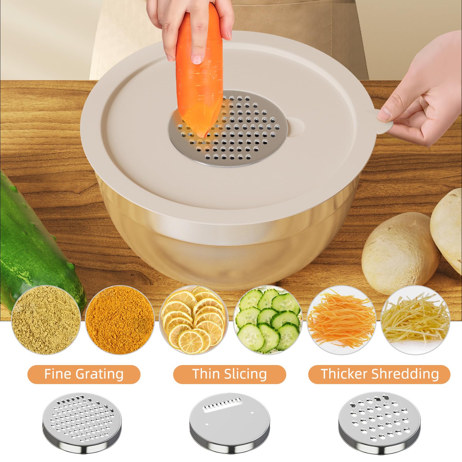 Fyrnova three grater attachments for slicing, grating, and shredding