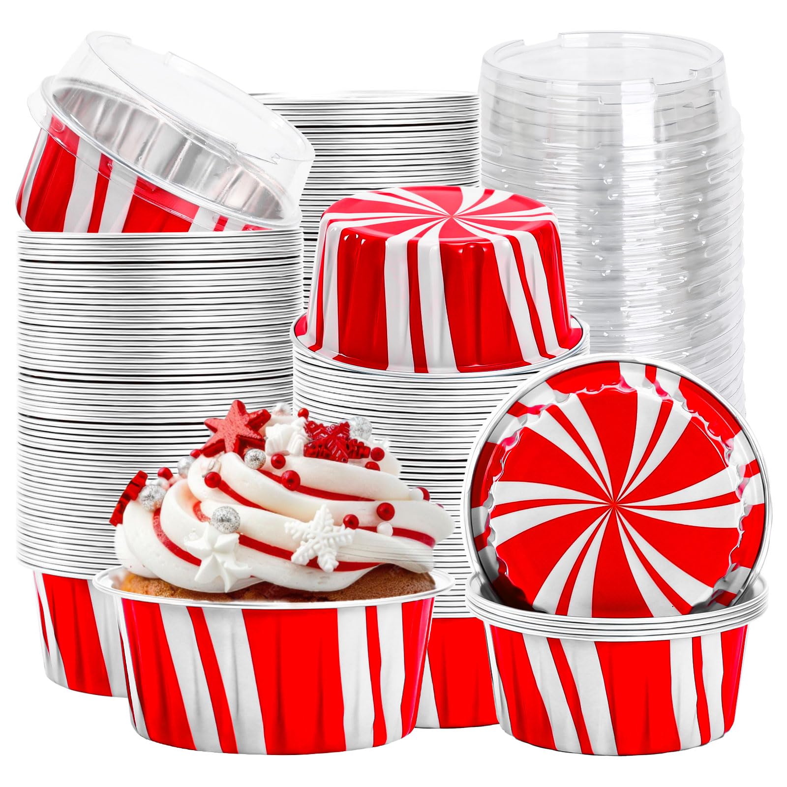 FYSUIMU Christmas aluminum cupcake liners with lids in red and white design, ideal for festive treats