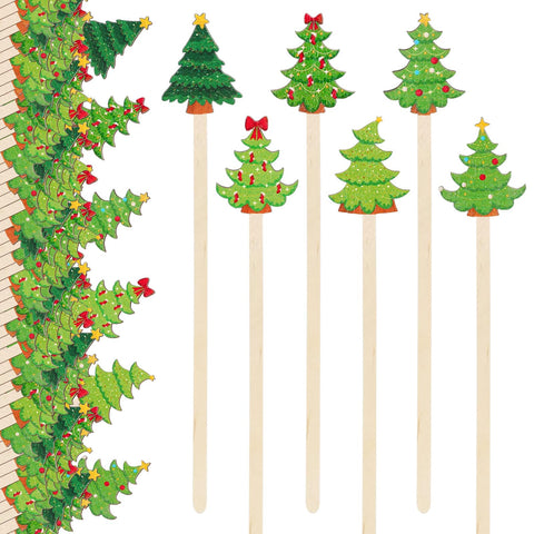 FYSUIMU Christmas tree wooden stirrers with green pine design for festive drinks.