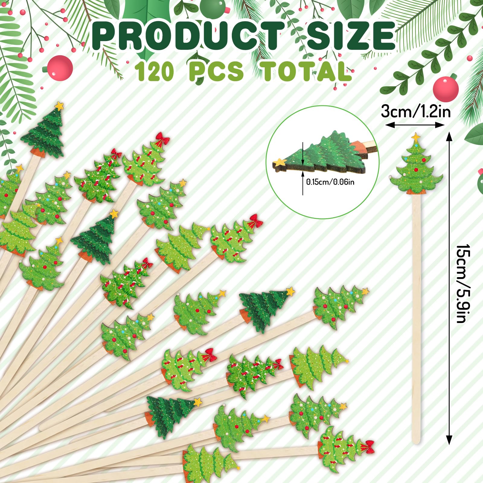 FYSUIMU wooden stirrers featuring green pine trees for holiday cocoa.