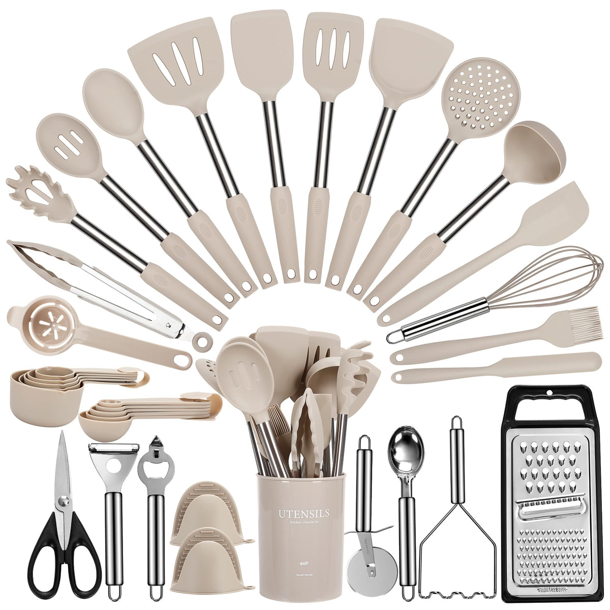 Fyvva Large Cooking Utensils Set with Holder for organized meal prep and easy access.
