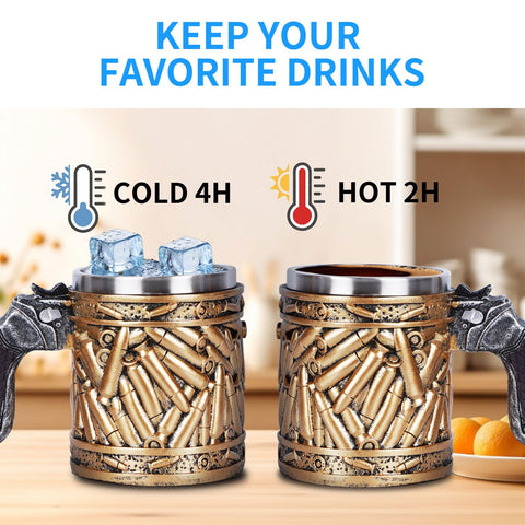 FYXMI 15oz stainless steel mug keeps drinks warm longer.