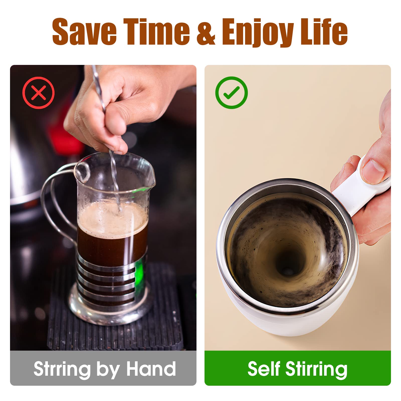 G · PEH Self Stirring Mug with lid showing spill prevention and heat retention.