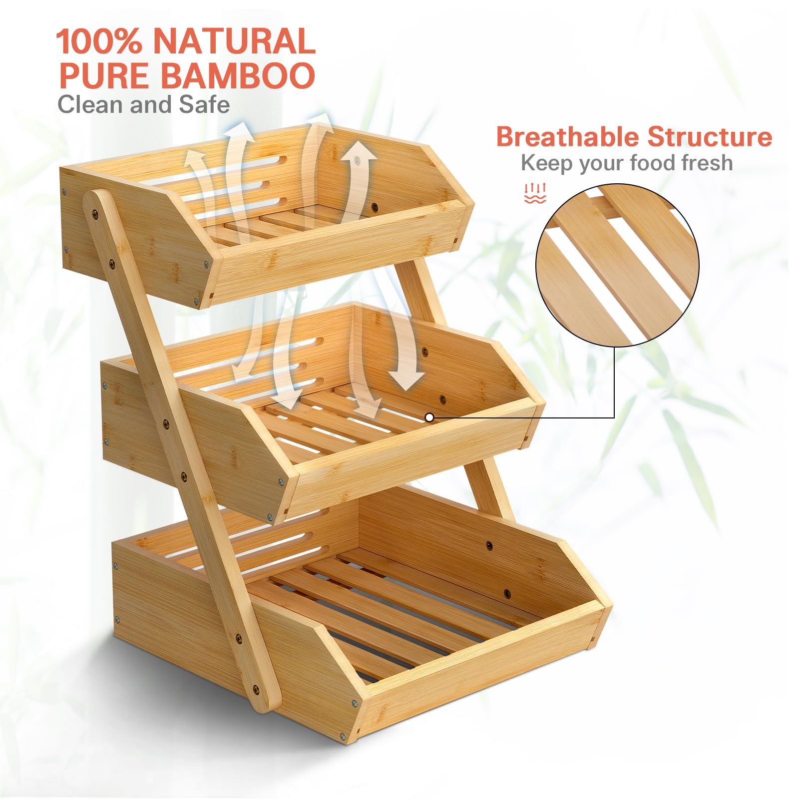 G.a HOMEFAVOR bamboo fruit basket side view showing sturdy construction.