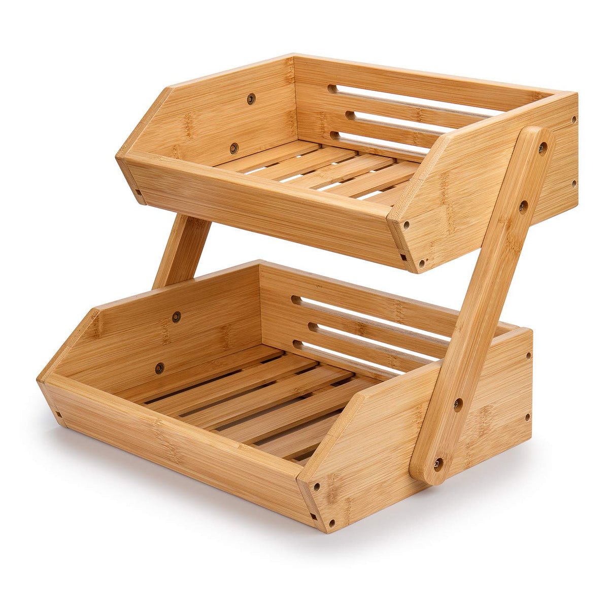 G.a HOMEFAVOR two-tier bamboo fruit basket on a kitchen counter offers ample storage.