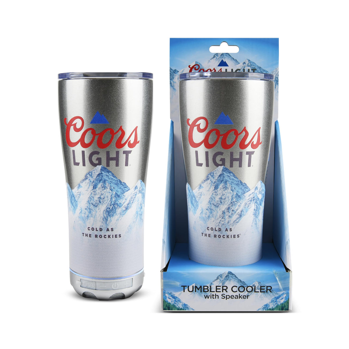 Gabba Goods Coors Light tumbler with LED glow and brushed stainless finish for outdoor nights.