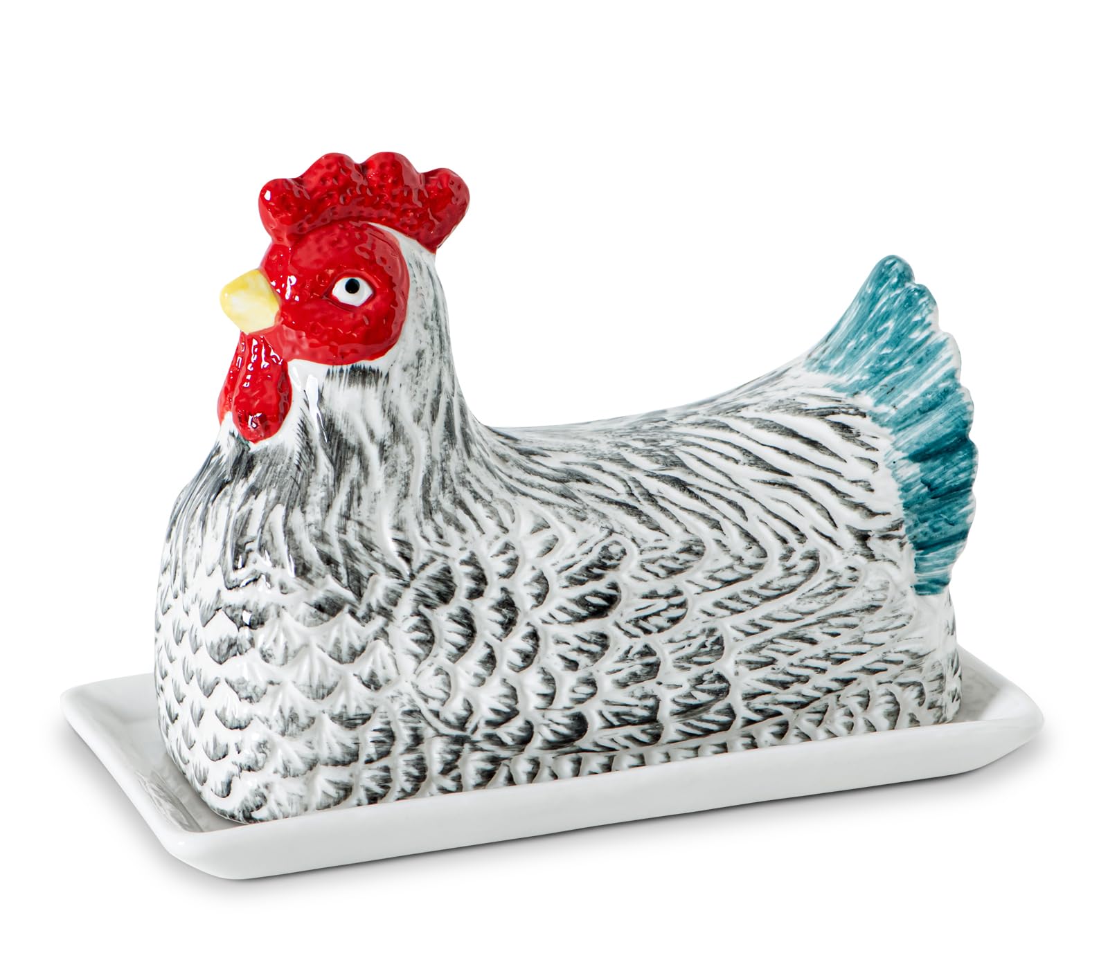 GABROC chicken butter dish with lid on countertop keeps butter fresh and accessible.
