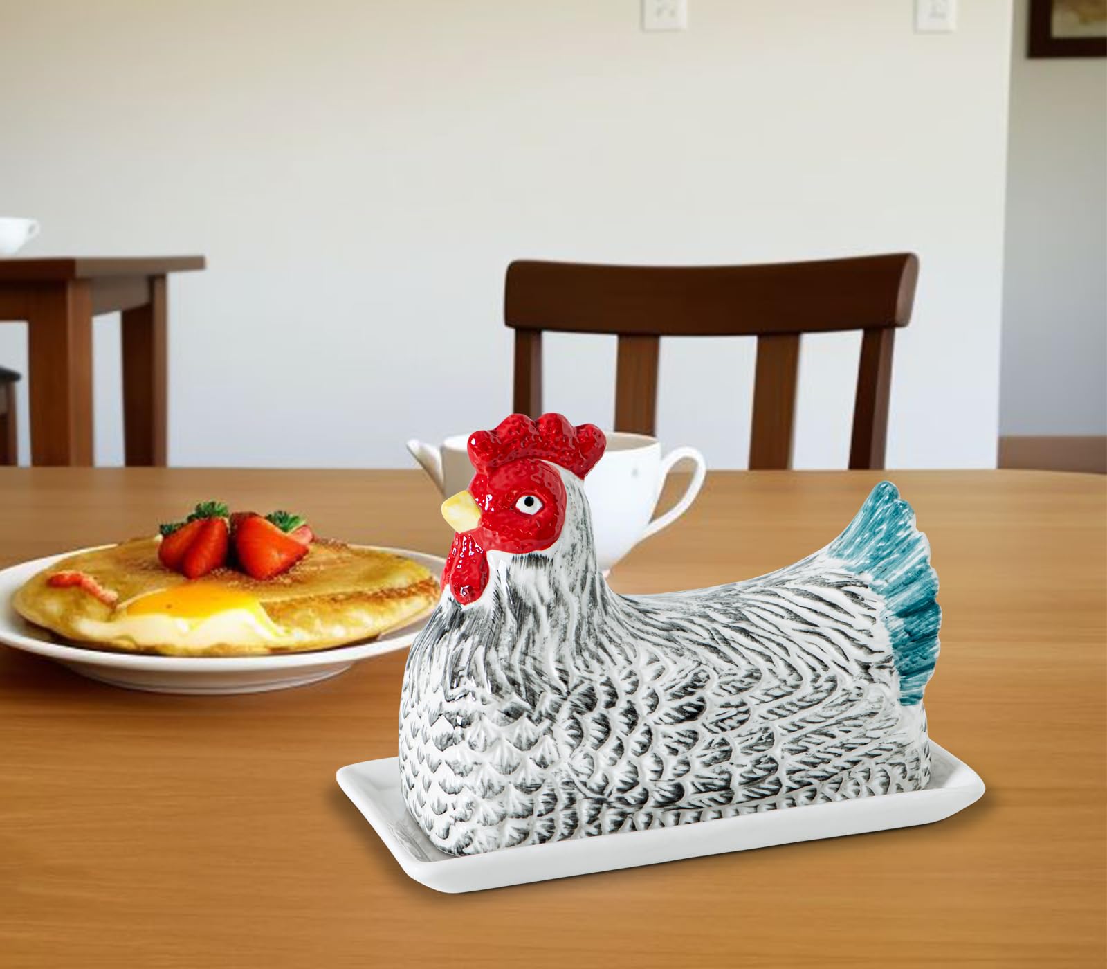 GABROC colorful chicken lid butter dish enhances countertop décor while staying practical.