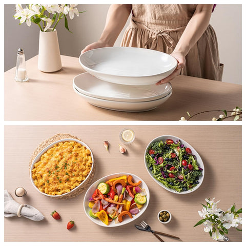 Gacoree oval platter stacked with other serveware to save space