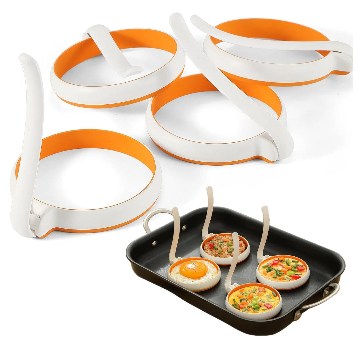 GAGAQI silicone fried egg cooker rings four-pack with neat circular eggs and pancakes