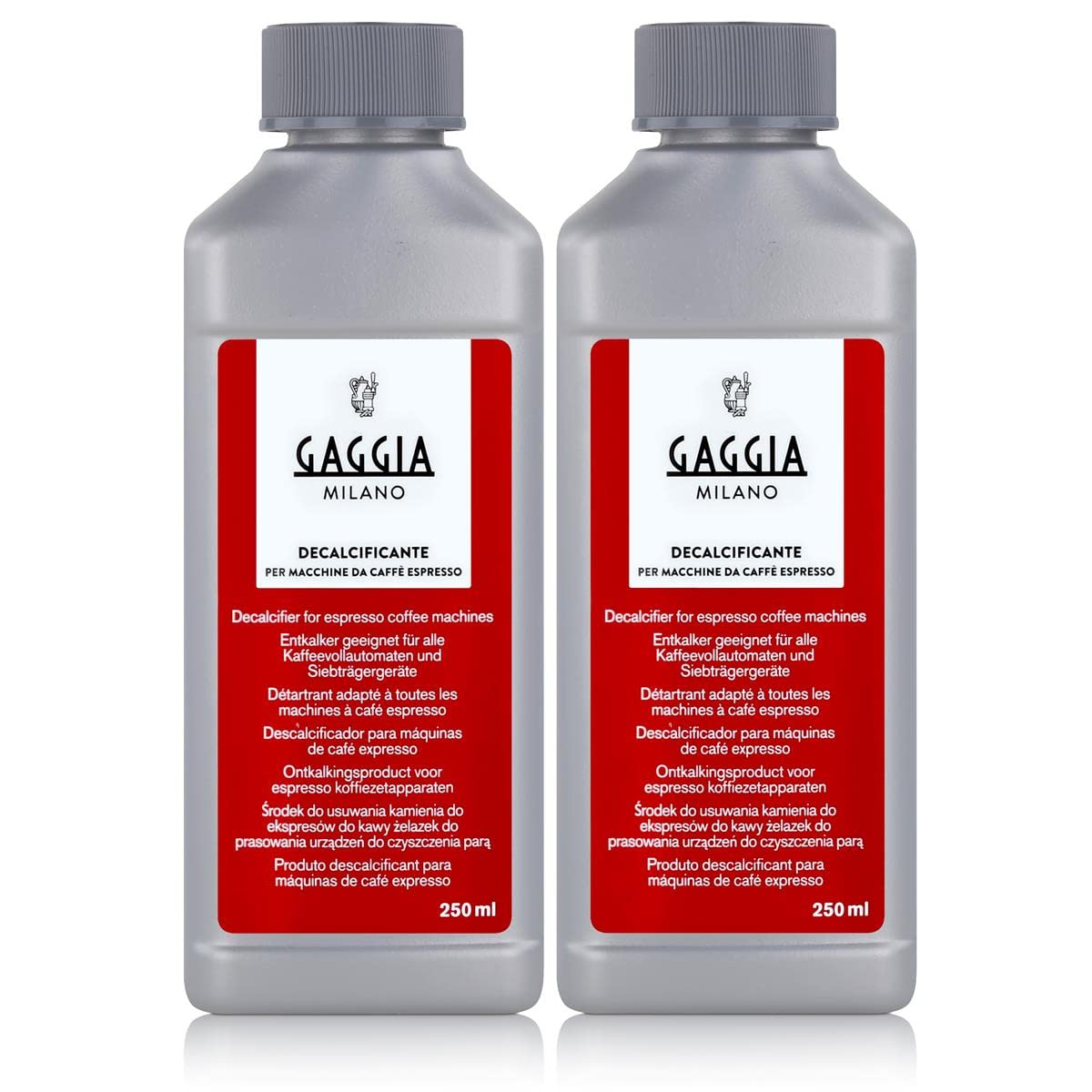 Gaggia decalcifier two bottles front view for easy storage and maintenance.