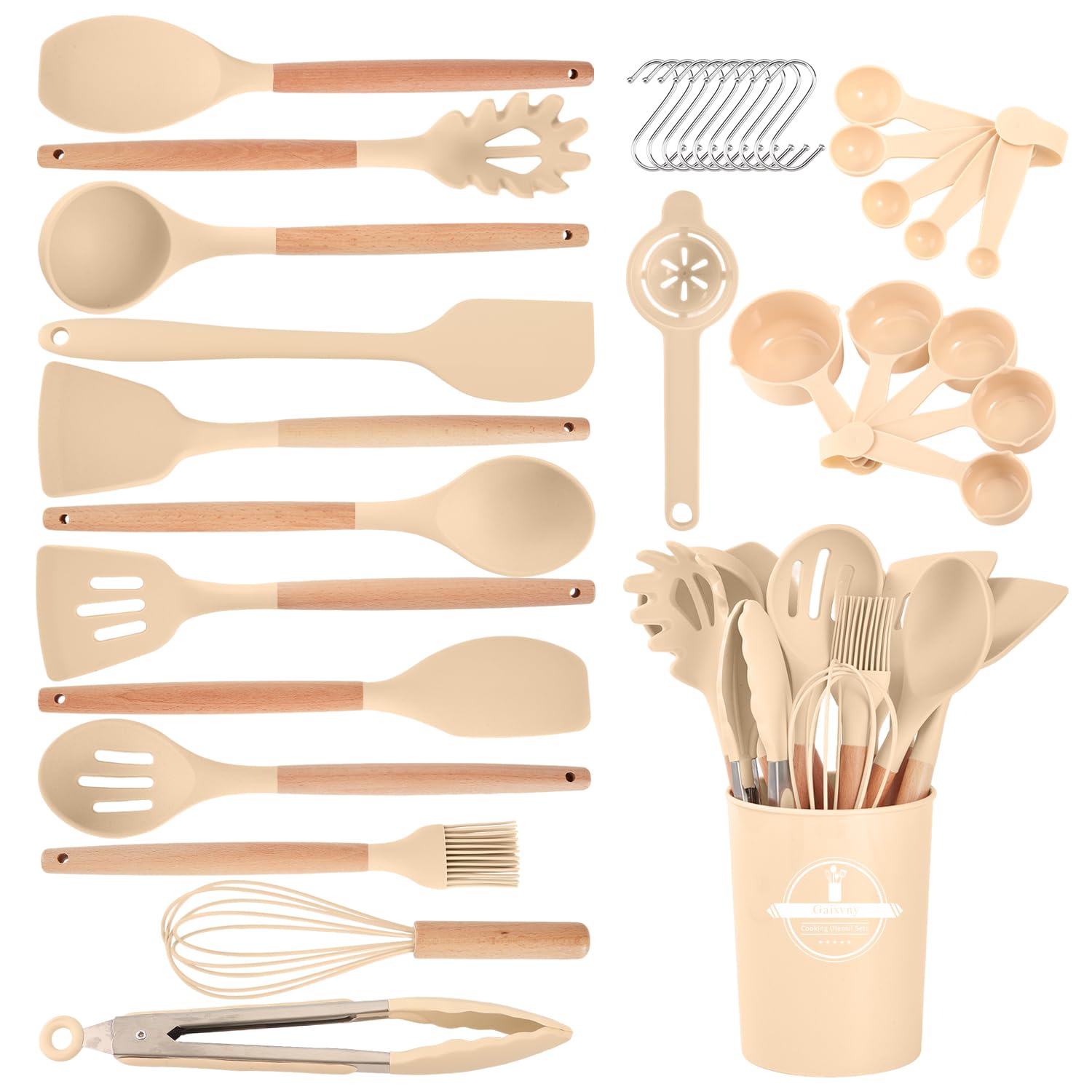 Gaixvny 34P set with wooden handles, ideal for nonstick cookware and comfortable grip.