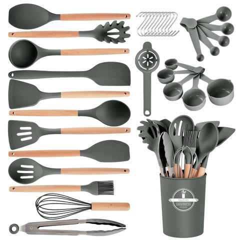 Gaixvny 34pc nonstick silicone utensils gray set protects cookware surfaces.