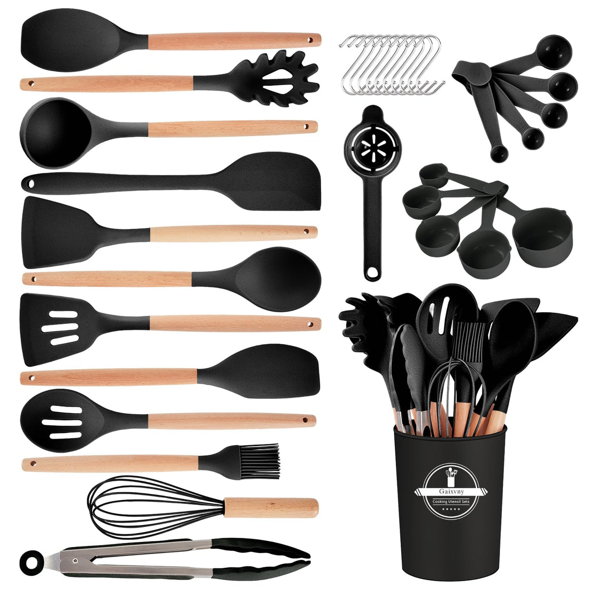 Gaixvny 34-piece silicone set with slotted turner; safe for nonstick cookware