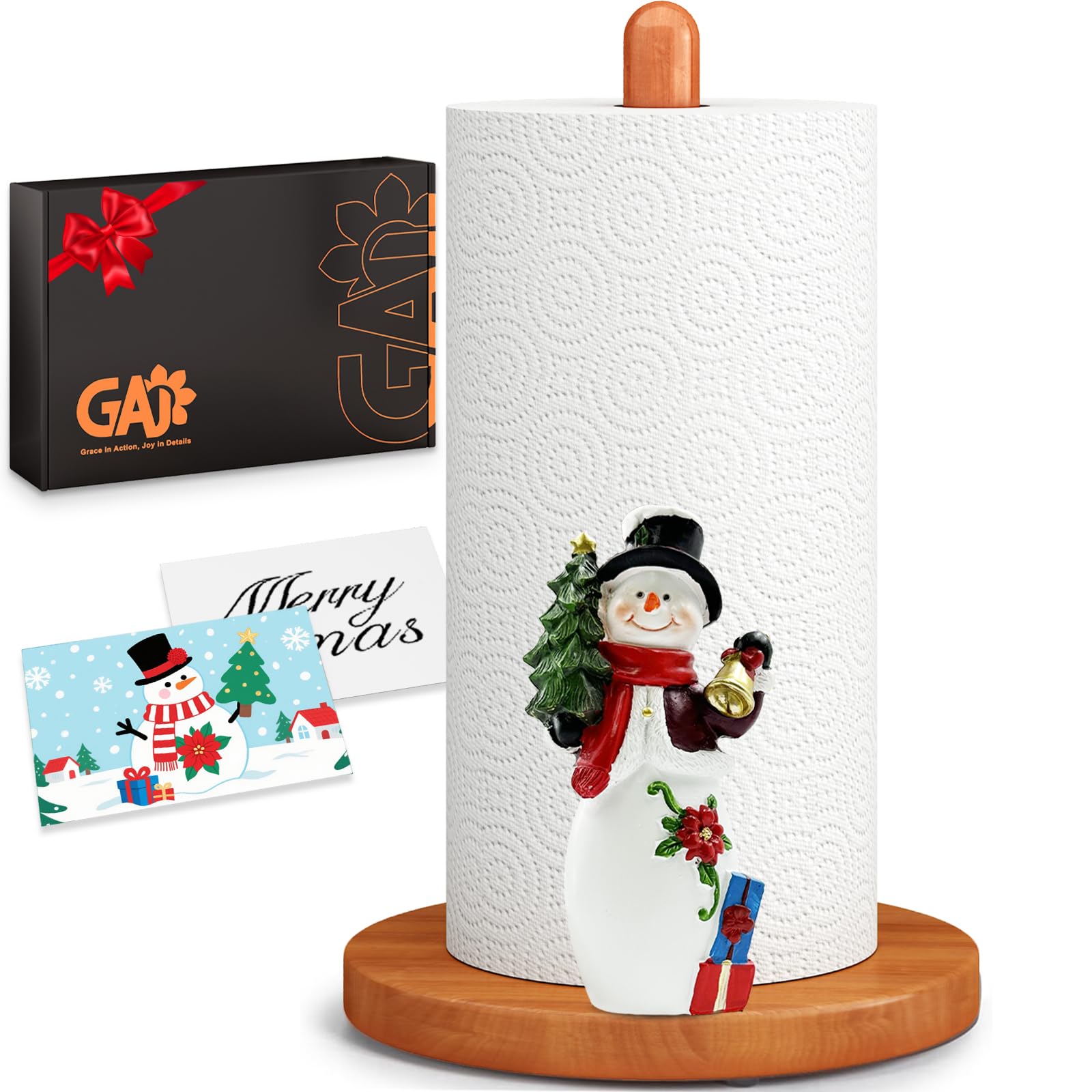 GAJ snowman 3D resin paper towel holder on wooden base for festive decor