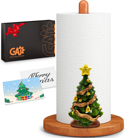GAJ Christmas tree paper towel holder on countertop adds festive charm.