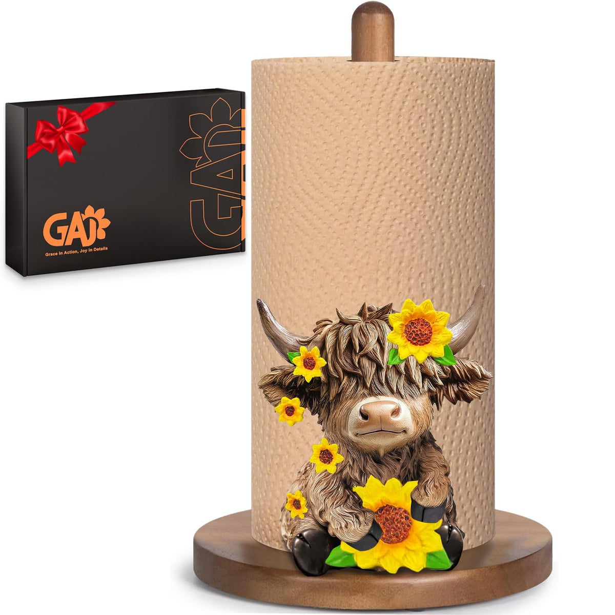 GAJ Highland Cow paper towel holder front view adds rustic kitchen charm