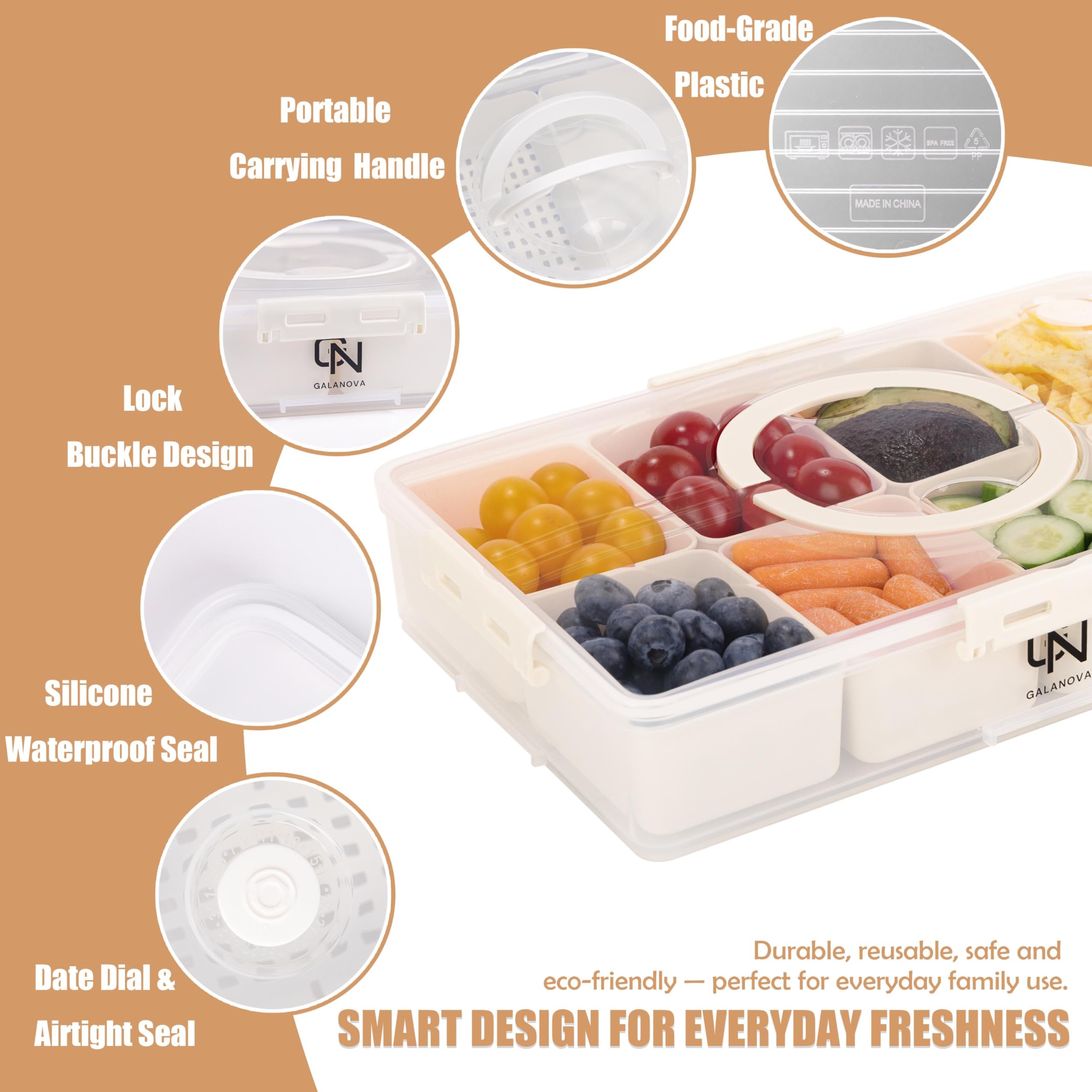 Galanova Snackle Box handle and stackable design for portability.