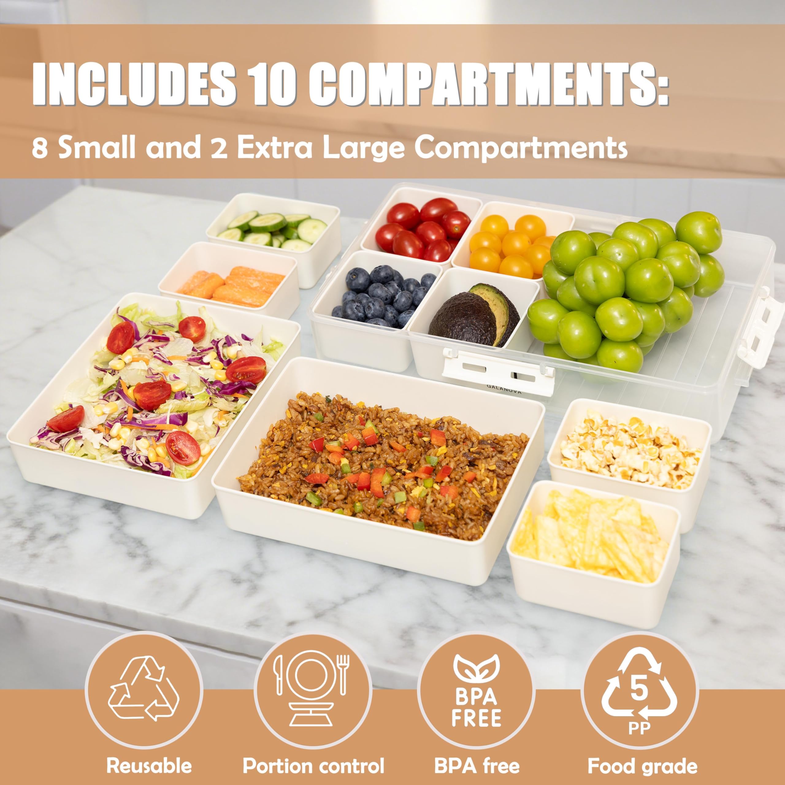 Galanova Snackle Box interior layout with 10 sections for separation.