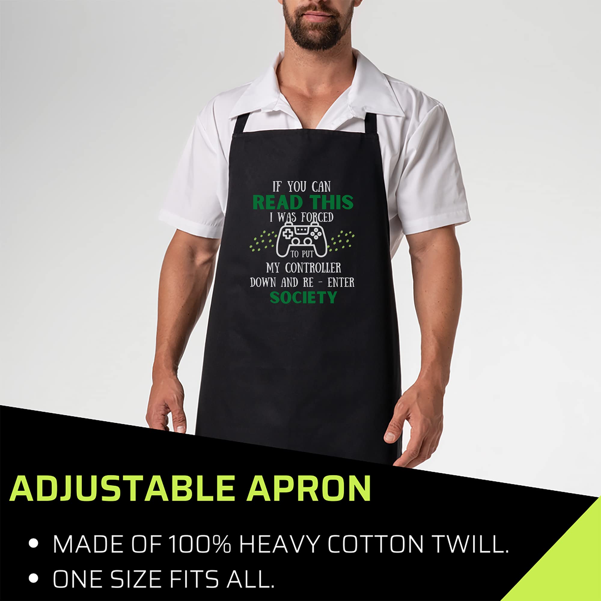Gamer Black Apron showing split front pocket for easy utensil access.